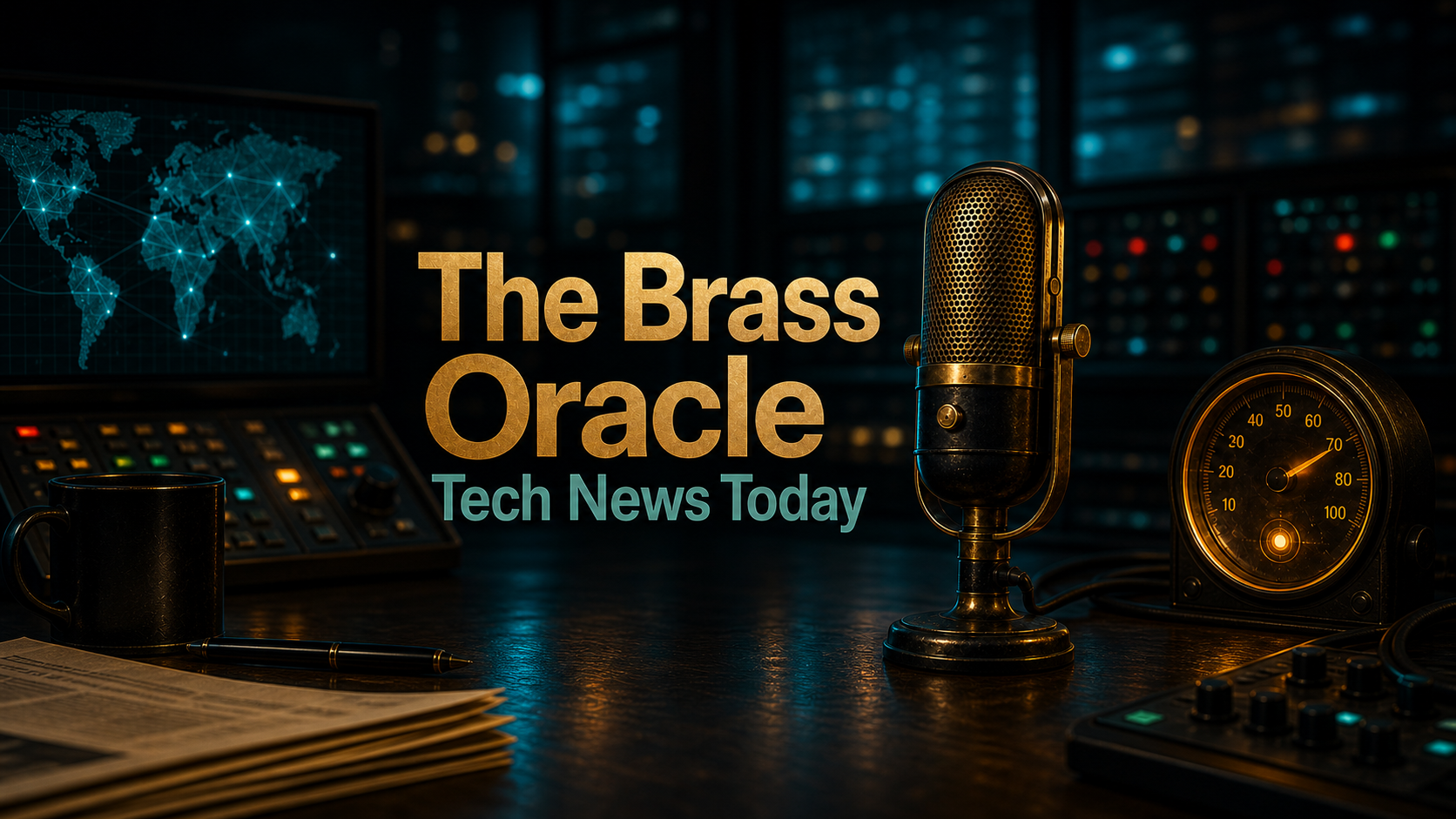 The Brass Oracle Tech News Today studio with a brass microphone